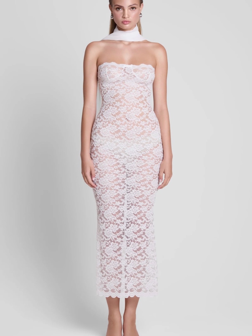 Leau Scalloped Lace Strapless Midi Dress